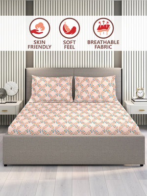 Marigold 100% Cotton 144 TC Peach Floral King Size Bedsheet with 2 Pillow Covers
