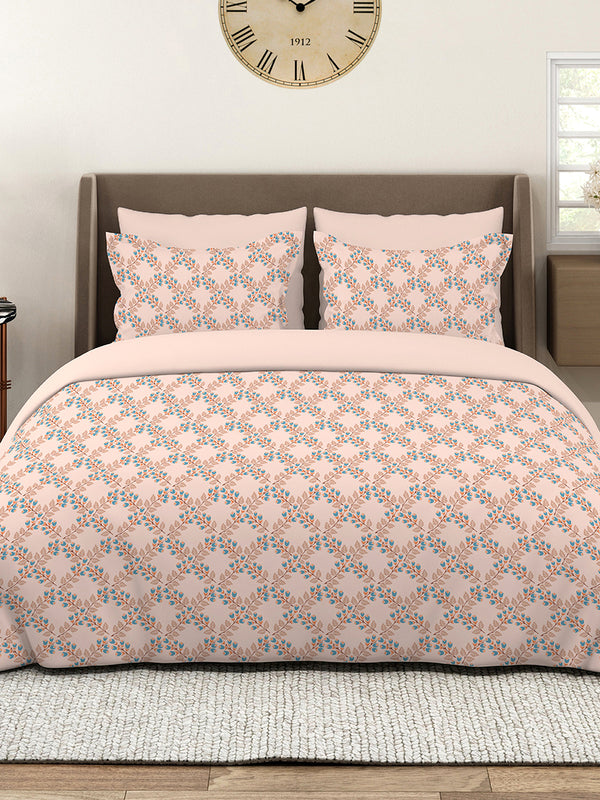Marigold 100% Cotton 144 TC Peach Floral King Size Bedsheet with 2 Pillow Covers