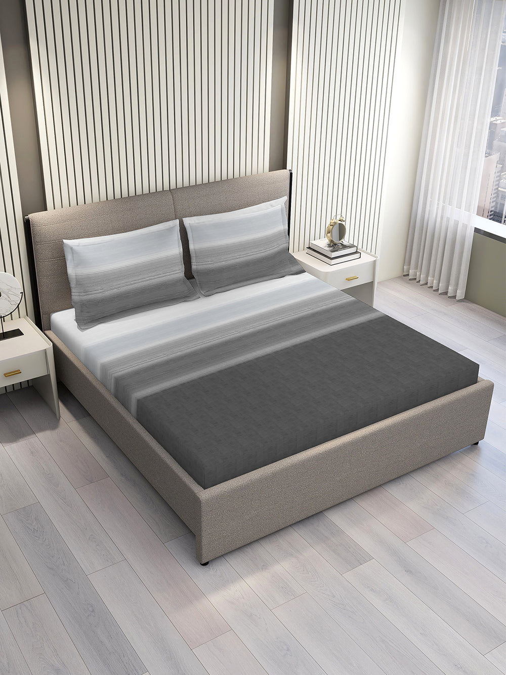 Duracount 225 CVC Grey Stripes King Size Bedsheet with 2 Pillow Covers