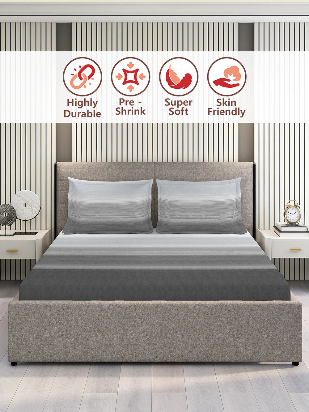 Duracount 225 CVC Grey Stripes King Size Bedsheet with 2 Pillow Covers