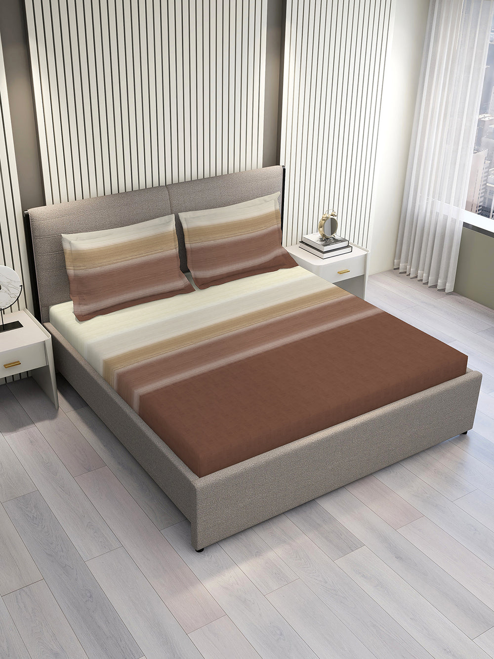 Duracount 225 CVC Brown Stripes 1 King Size Bedsheet with 2 Pillow Covers