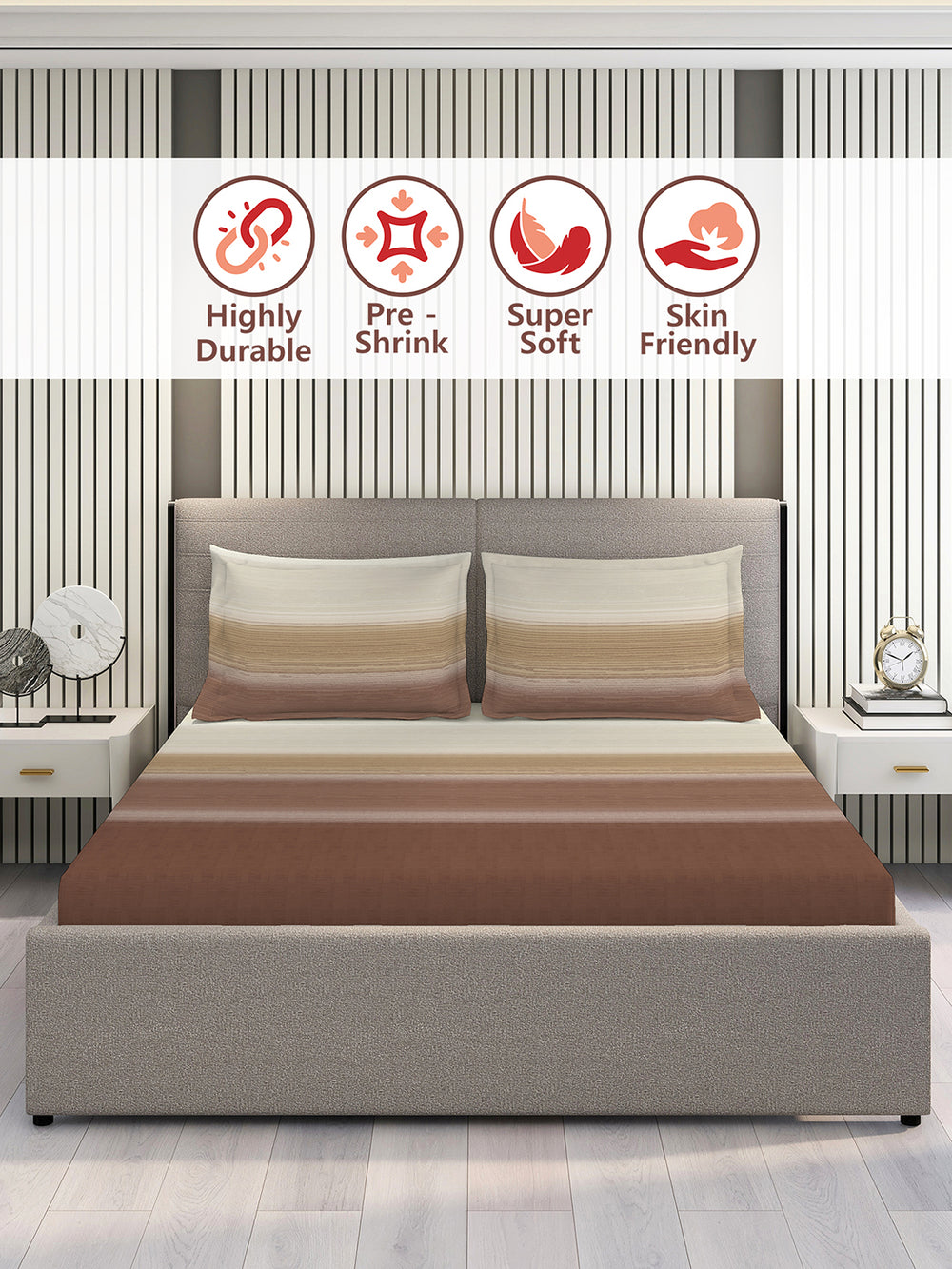 Duracount 225 CVC Brown Stripes King Size Bedsheet with 2 Pillow Covers