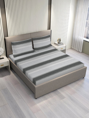 Duracount 225 CVC Grey Stripes 1 King Size Bedsheet with 2 Pillow Covers