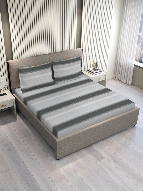 Duracount 225 CVC Grey Stripes 1 King Size Bedsheet with 2 Pillow Covers