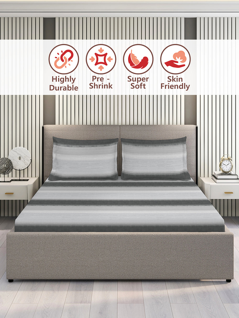 Duracount 225 CVC Grey Stripes King Size Bedsheet with 2 Pillow Covers