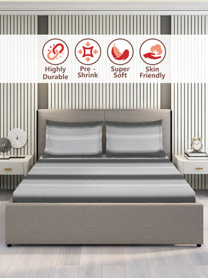 Duracount 225 CVC Grey Stripes 1 King Size Bedsheet with 2 Pillow Covers
