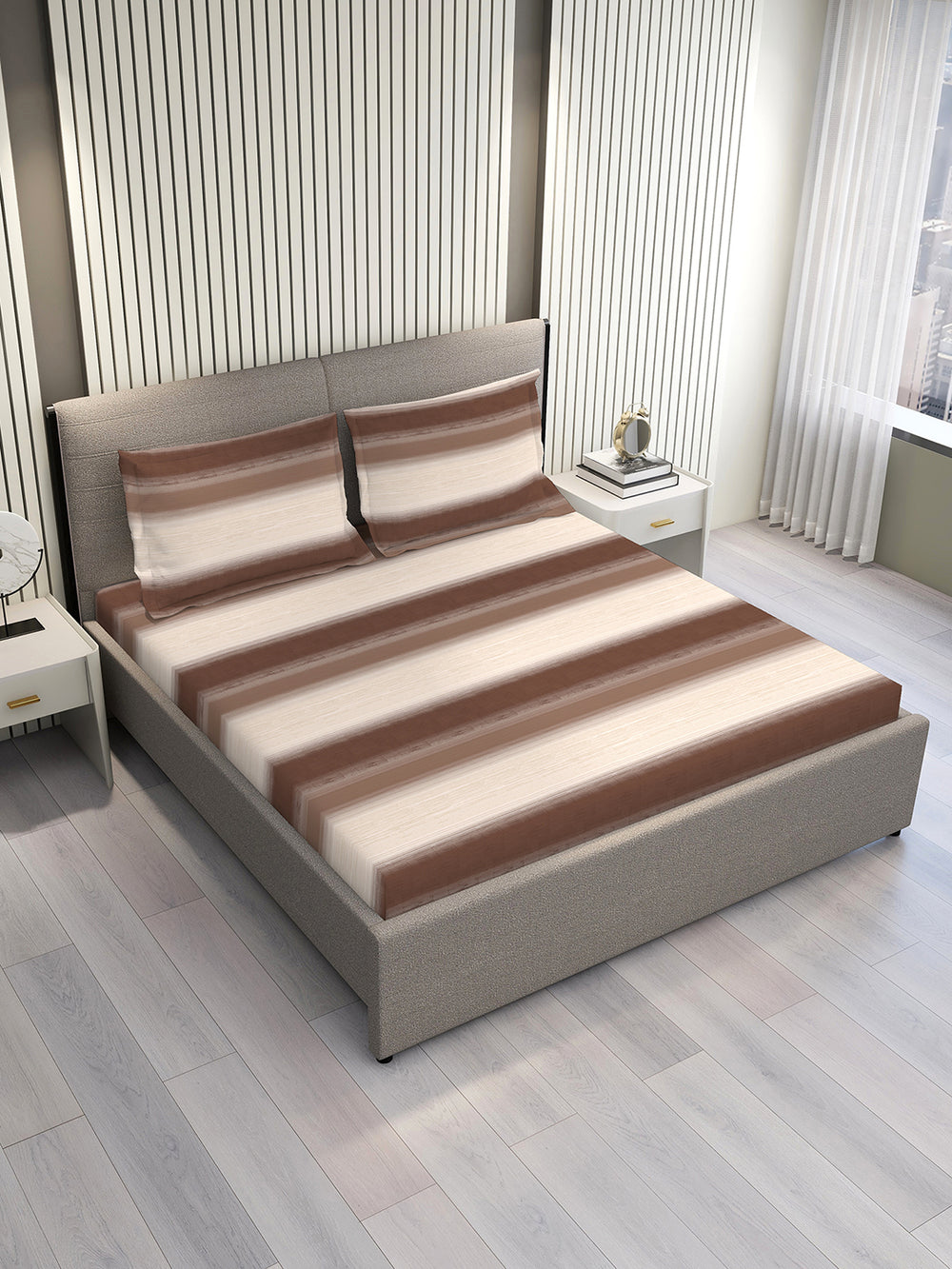 Duracount 225 CVC Brown Stripes King Size Bedsheet with 2 Pillow Covers