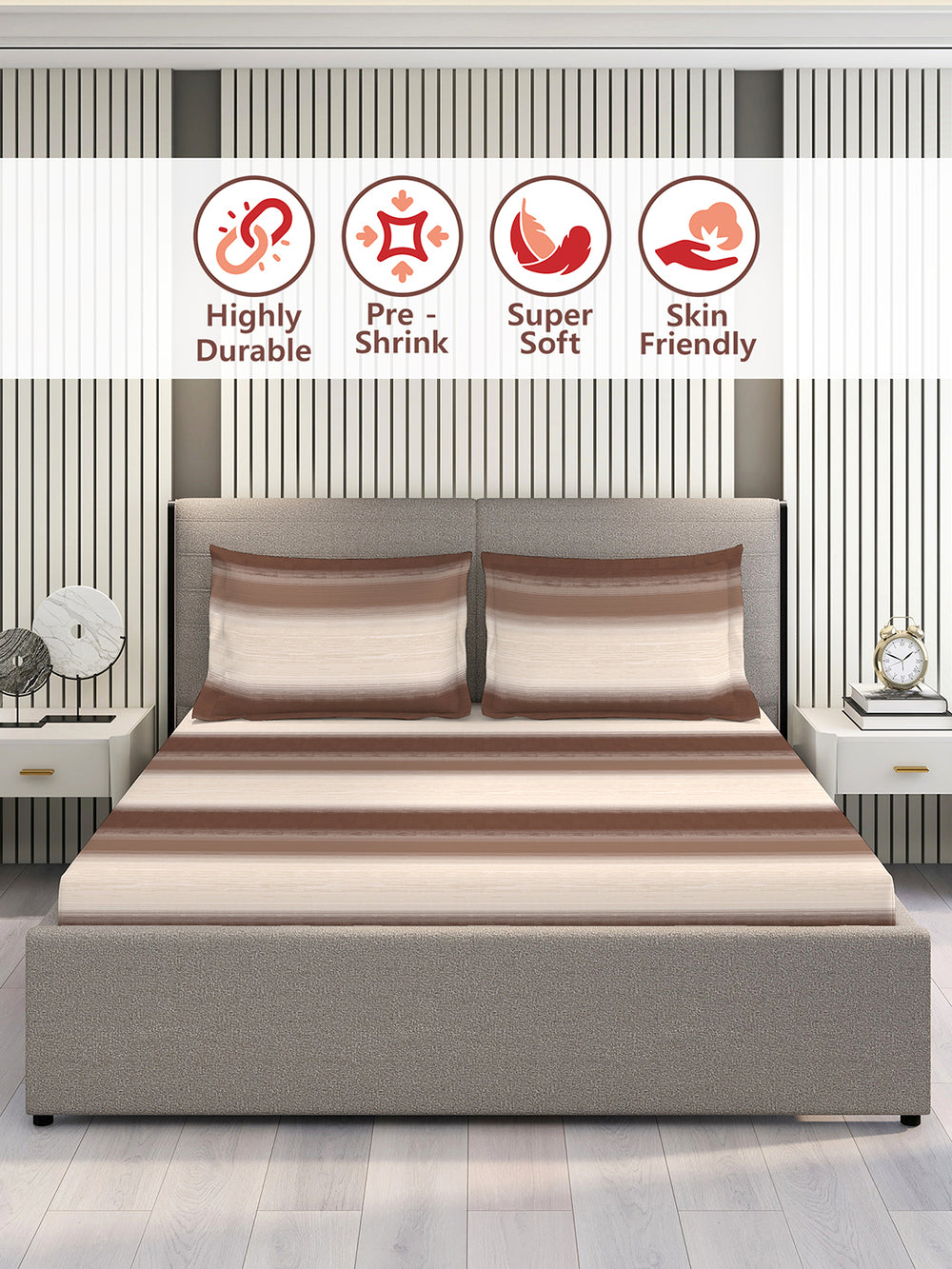Duracount 225 CVC Brown Stripes King Size Bedsheet with 2 Pillow Covers