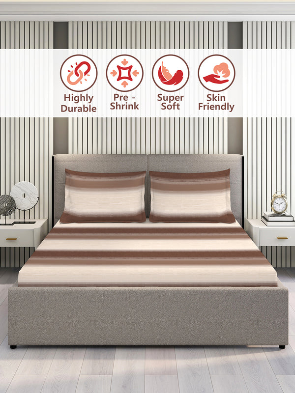 Duracount 225 CVC Brown Stripes 1 King Size Bedsheet with 2 Pillow Covers
