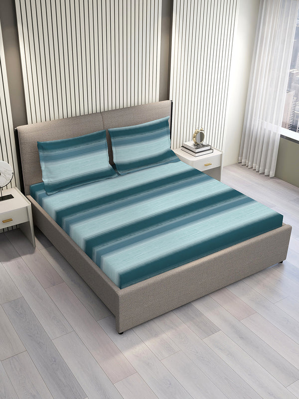 Duracount 225 CVC Blue Stripes 1 King Size Bedsheet with 2 Pillow Covers
