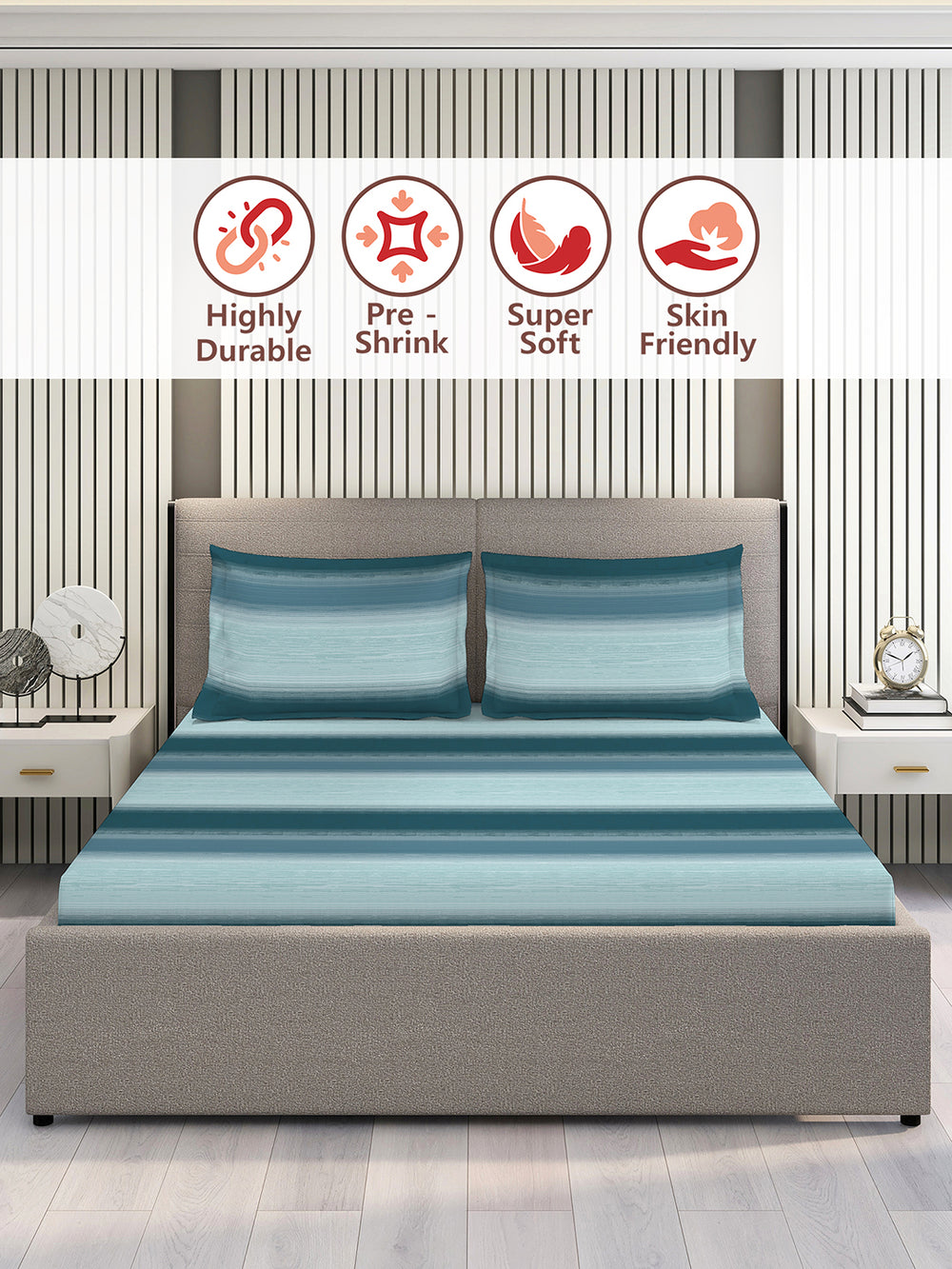 Duracount 225 CVC Blue Stripes King Size Bedsheet with 2 Pillow Covers