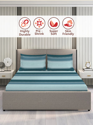 Duracount 225 CVC Blue Stripes 1 King Size Bedsheet with 2 Pillow Covers