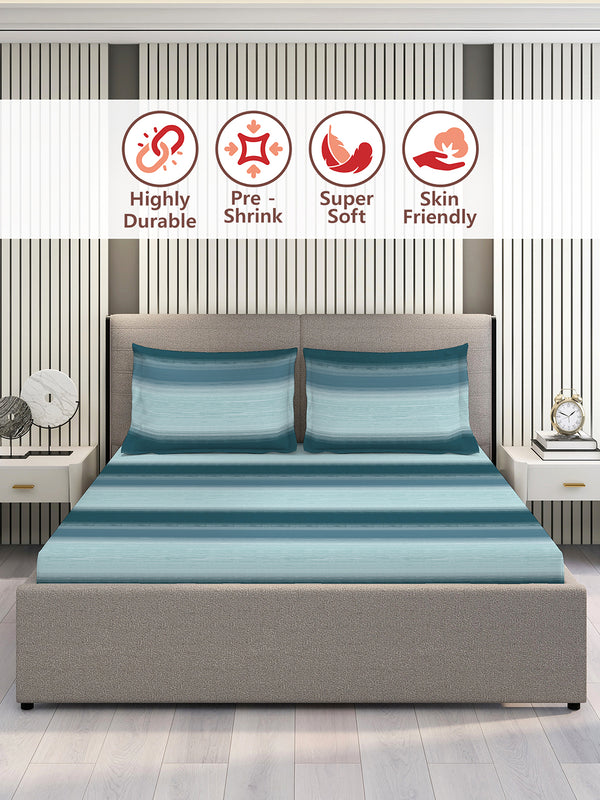 Duracount 225 CVC Blue Stripes 1 King Size Bedsheet with 2 Pillow Covers