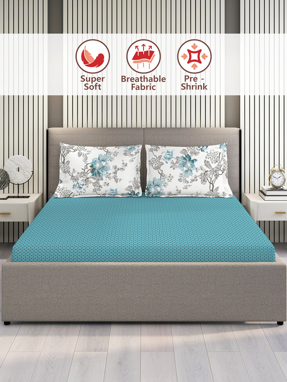 Illuminating Homes 100% Cotton 144 TC Blue Geometrical Double Size Bedsheet with 2 Pillow Covers