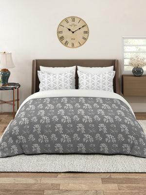 Illuminating Homes 100% Cotton 144 TC Grey Floral Double Size Bedsheet with 2 Pillow Covers
