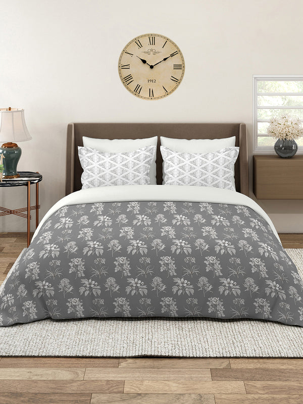 Illuminating Homes 100% Cotton 144 TC Grey Floral Double Size Bedsheet with 2 Pillow Covers