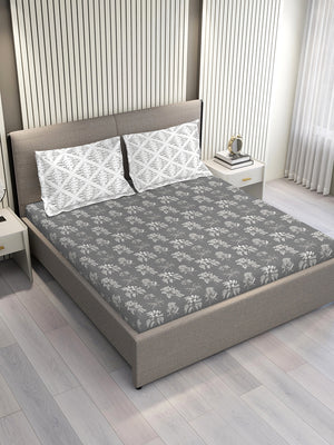 Illuminating Homes 100% Cotton 144 TC Grey Floral Double Size Bedsheet with 2 Pillow Covers