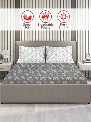 Illuminating Homes 100% Cotton 144 TC Grey Floral Double Size Bedsheet with 2 Pillow Covers