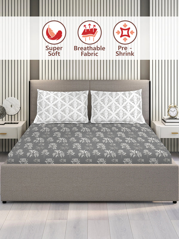 Illuminating Homes 100% Cotton 144 TC Grey Floral Double Size Bedsheet with 2 Pillow Covers