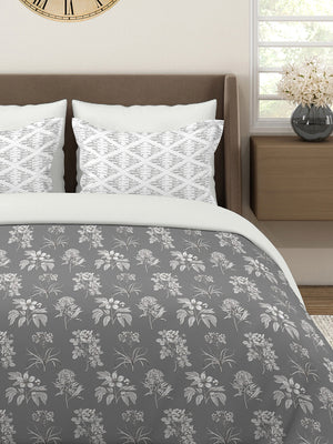 Illuminating Homes 100% Cotton 144 TC Grey Floral Double Size Bedsheet with 2 Pillow Covers