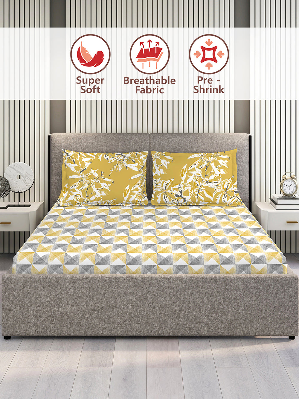 Illuminating Homes 100% Cotton 144 TC Multicolor Geometrical Double Size Bedsheet with 2 Pillow Covers