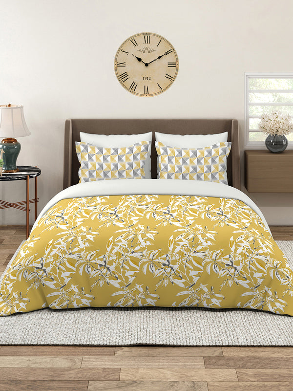 Illuminating Homes 100% Cotton 144 TC Yellow Floral Double Size Bedsheet with 2 Pillow Covers