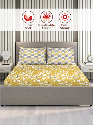 Illuminating Homes 100% Cotton 144 TC Yellow Floral Double Size Bedsheet with 2 Pillow Covers