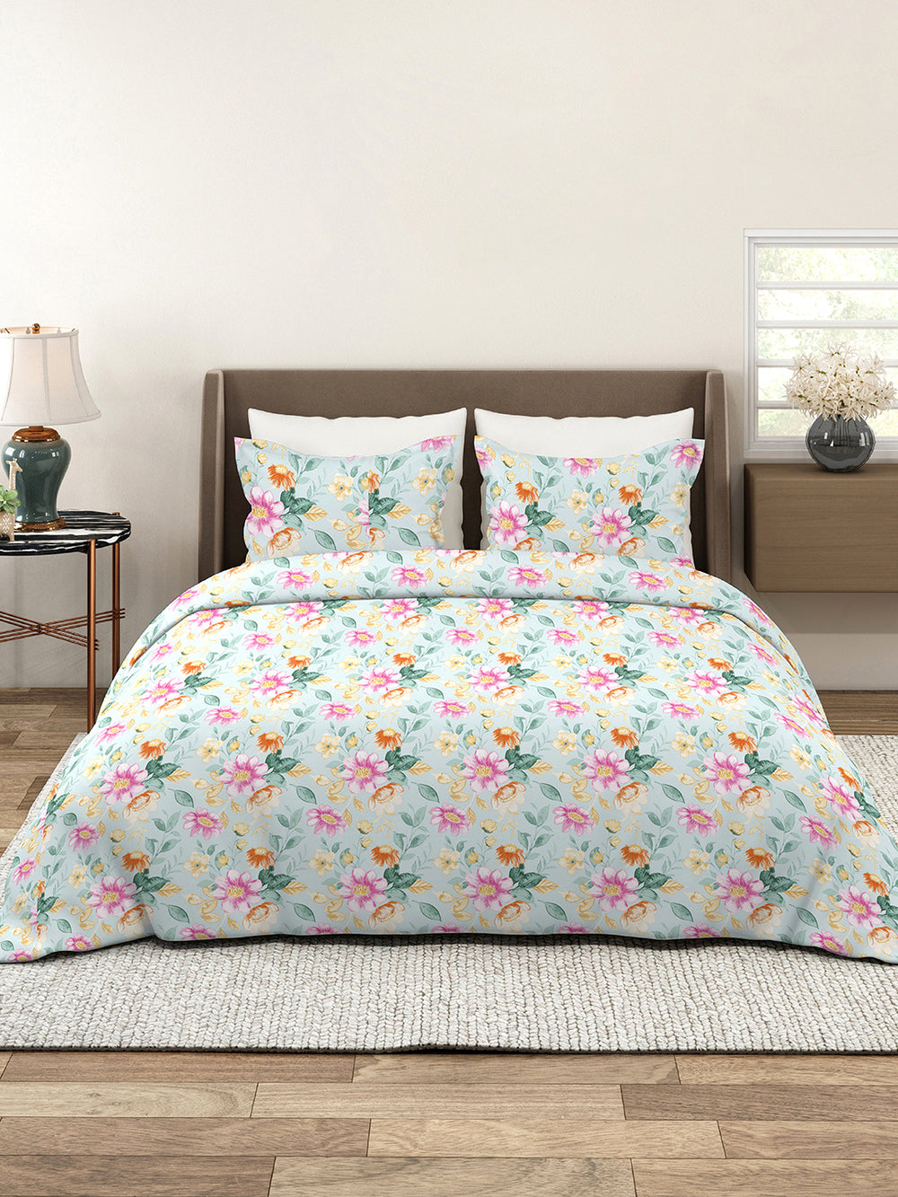 Bloom Microfibre 115 GSM Light Green Floral Double Size Bedsheet with 2 Pillow Covers