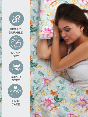 Bloom Microfibre 115 GSM Light Green Floral Double Size Bedsheet with 2 Pillow Covers