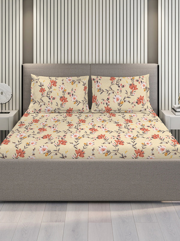 Bloom Microfibre 115 GSM Cream Floral 1 Double Size Bedsheet with 2 Pillow Covers