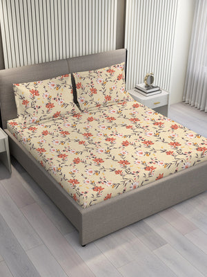 Bloom Microfibre 115 GSM Cream Floral 1 Double Size Bedsheet with 2 Pillow Covers
