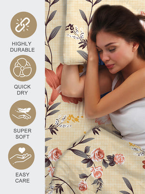 Bloom Microfibre 115 GSM Cream Floral 1 Double Size Bedsheet with 2 Pillow Covers