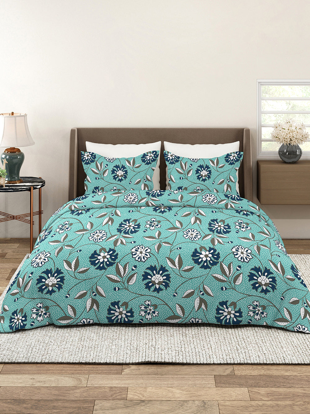 Bloom Microfibre 115 GSM Blue Floral Double Size Bedsheet with 2 Pillow Covers