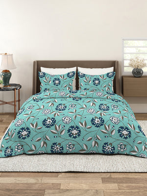 Bloom Microfibre 115 GSM Blue Floral Double Size Bedsheet with 2 Pillow Covers