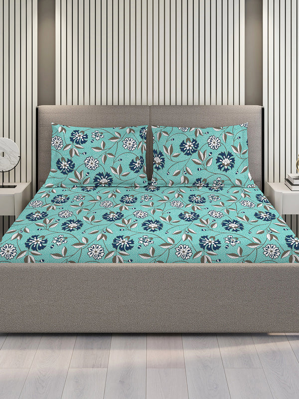 Bloom Microfibre 115 GSM Blue Floral Double Size Bedsheet with 2 Pillow Covers
