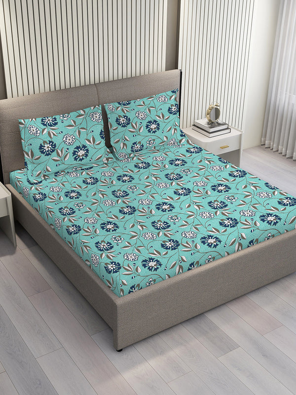 Bloom Microfibre 115 GSM Blue Floral Double Size Bedsheet with 2 Pillow Covers