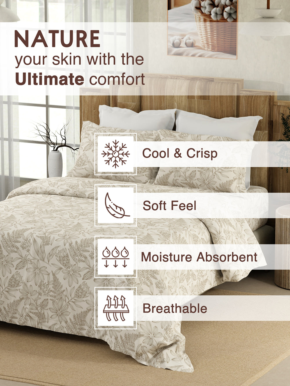 King Size Bedsheet Set, 100% Cotton 200 TC Beige Linear Floral Printed