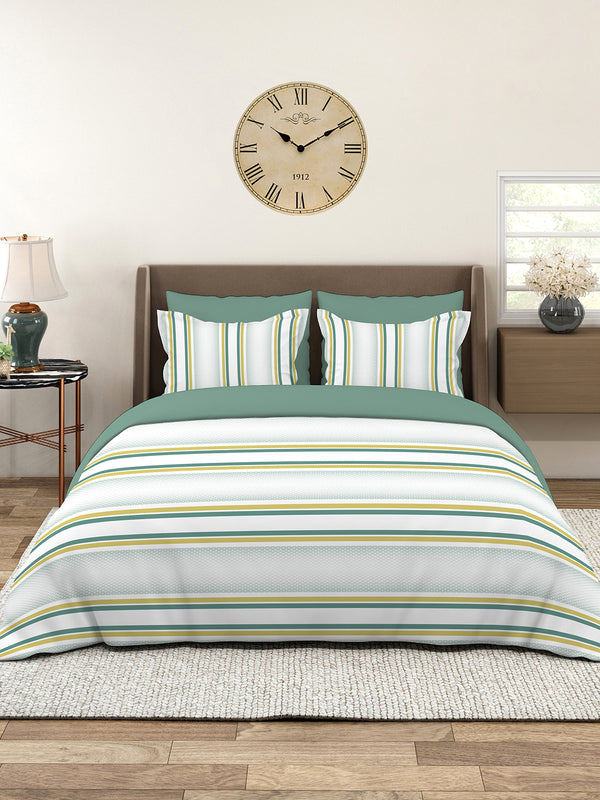 Durathread 225 CVC Green White Stripes 1 King Size Bedsheet with 2 Pillow Covers