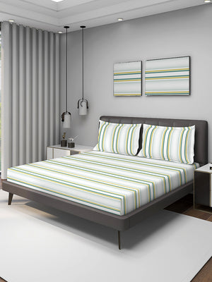Durathread 225 CVC Green White Stripes 1 King Size Bedsheet with 2 Pillow Covers