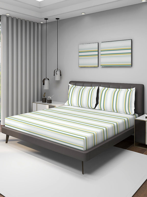 Durathread 225 CVC Green White Stripes 1 King Size Bedsheet with 2 Pillow Covers