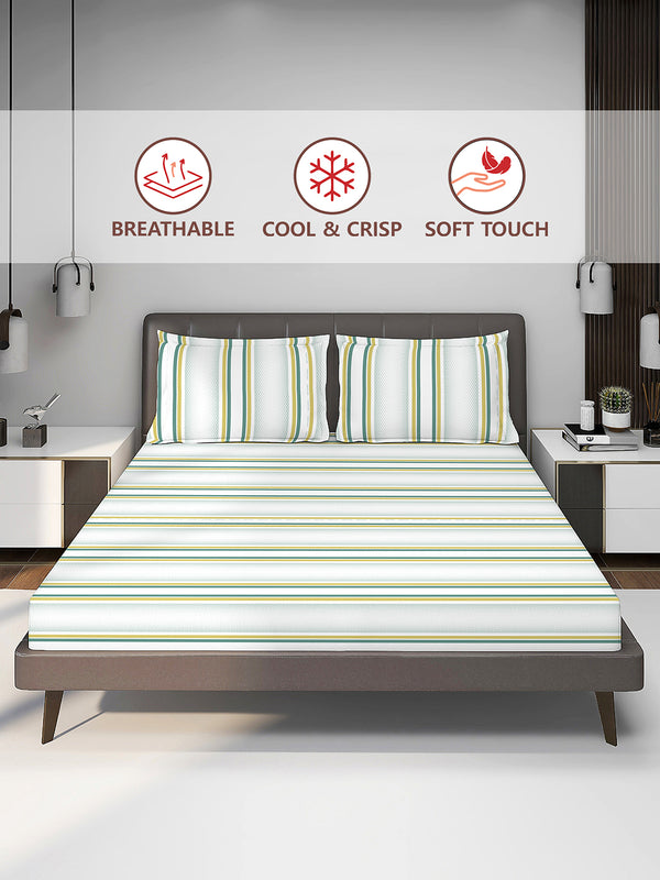 Durathread 225 CVC Green White Stripes 1 King Size Bedsheet with 2 Pillow Covers