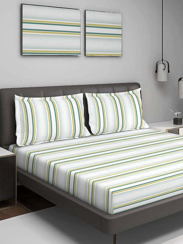 Durathread 225 CVC Green White Stripes 1 King Size Bedsheet with 2 Pillow Covers