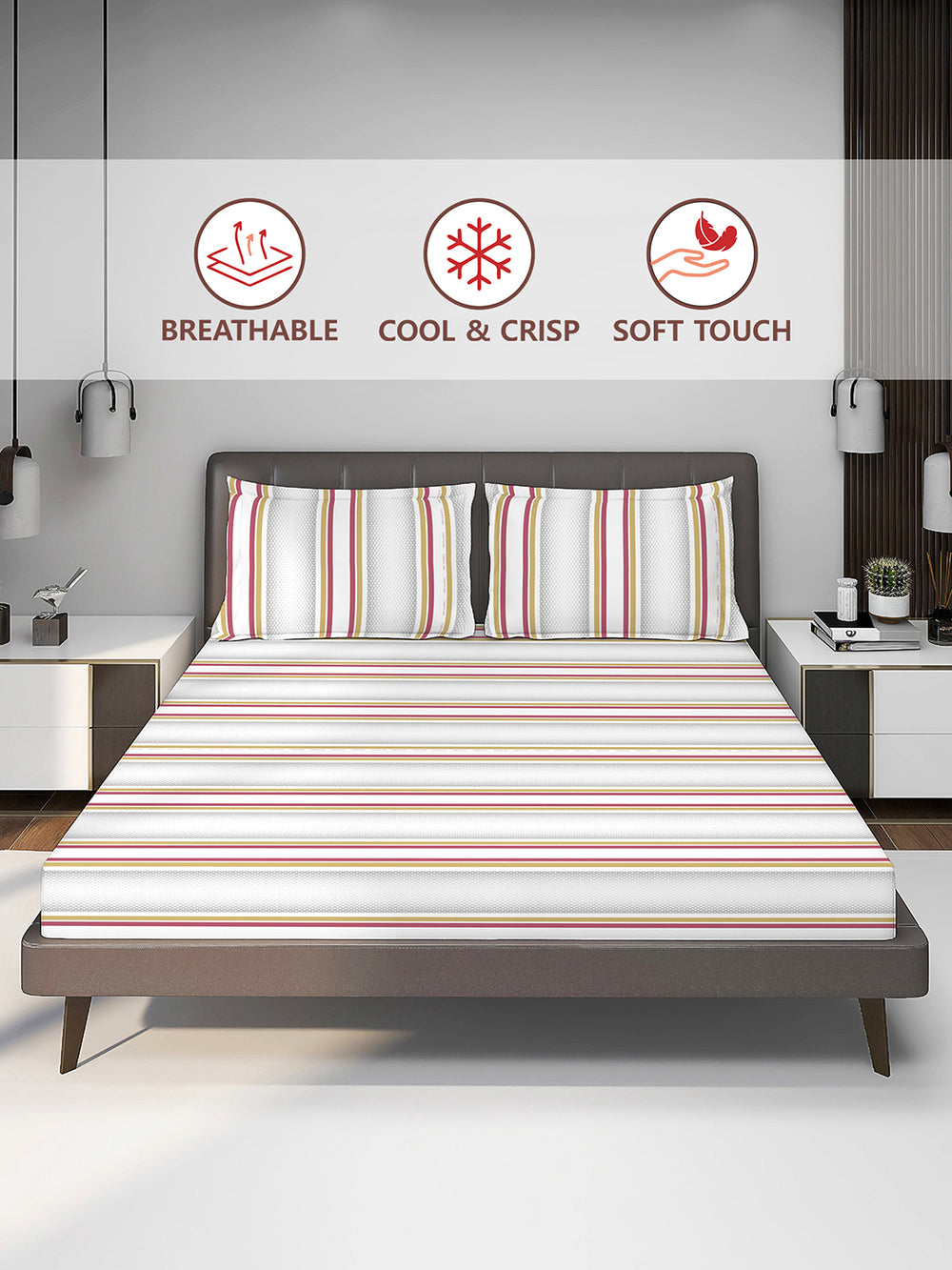 Durathread 225 CVC Grey Stripes King Size Bedsheet with 2 Pillow Covers