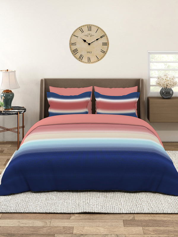 Durathread 225 CVC Pink Blue Stripes 1 King Size Bedsheet with 2 Pillow Covers