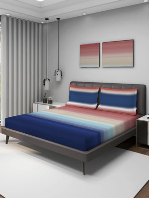 Durathread 225 CVC Pink Blue Stripes 1 King Size Bedsheet with 2 Pillow Covers