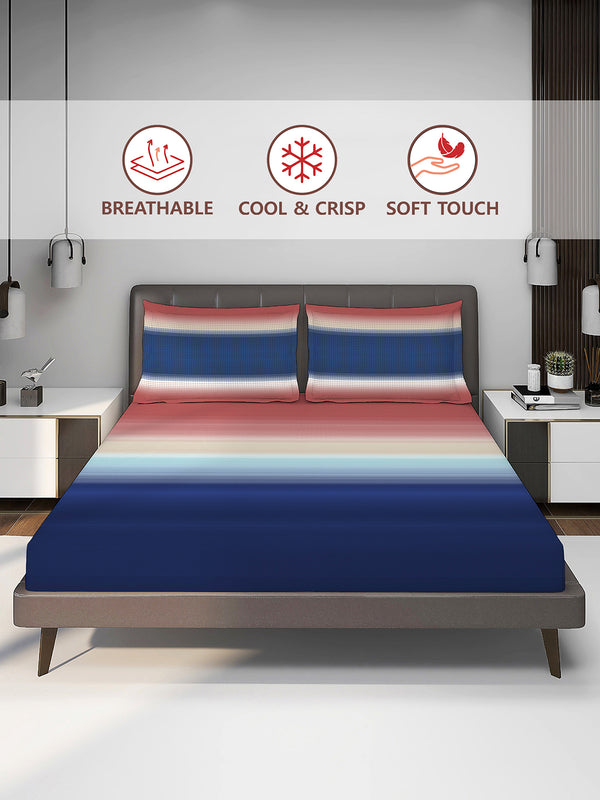 Durathread 225 CVC Pink Blue Stripes 1 King Size Bedsheet with 2 Pillow Covers