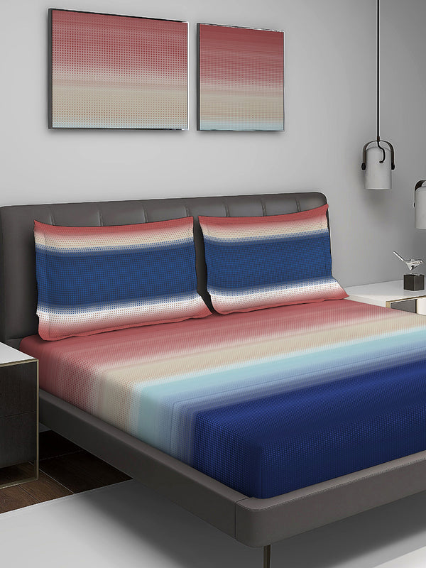 Durathread 225 CVC Pink Blue Stripes 1 King Size Bedsheet with 2 Pillow Covers