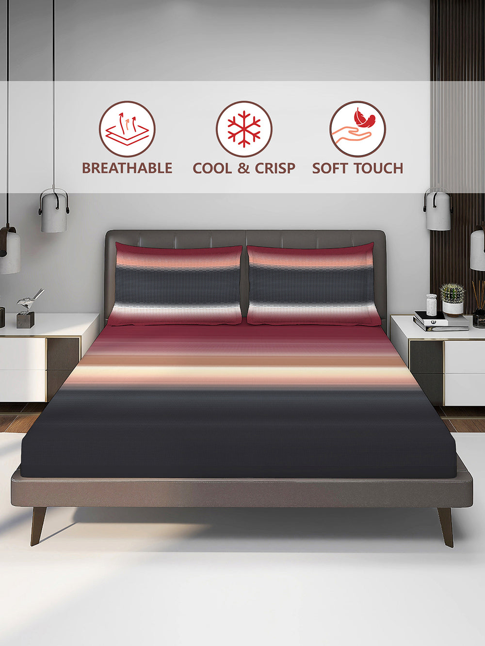 Durathread 225 CVC Multicolor Stripes King Size Bedsheet with 2 Pillow Covers