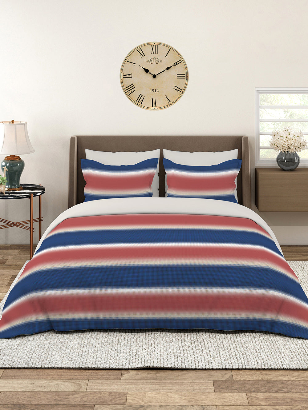 Durathread 225 CVC Blue & Pink Stripes King Size Bedsheet with 2 Pillow Covers