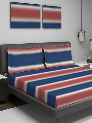 Durathread 225 CVC Blue Pink Stripes 1 King Size Bedsheet with 2 Pillow Covers